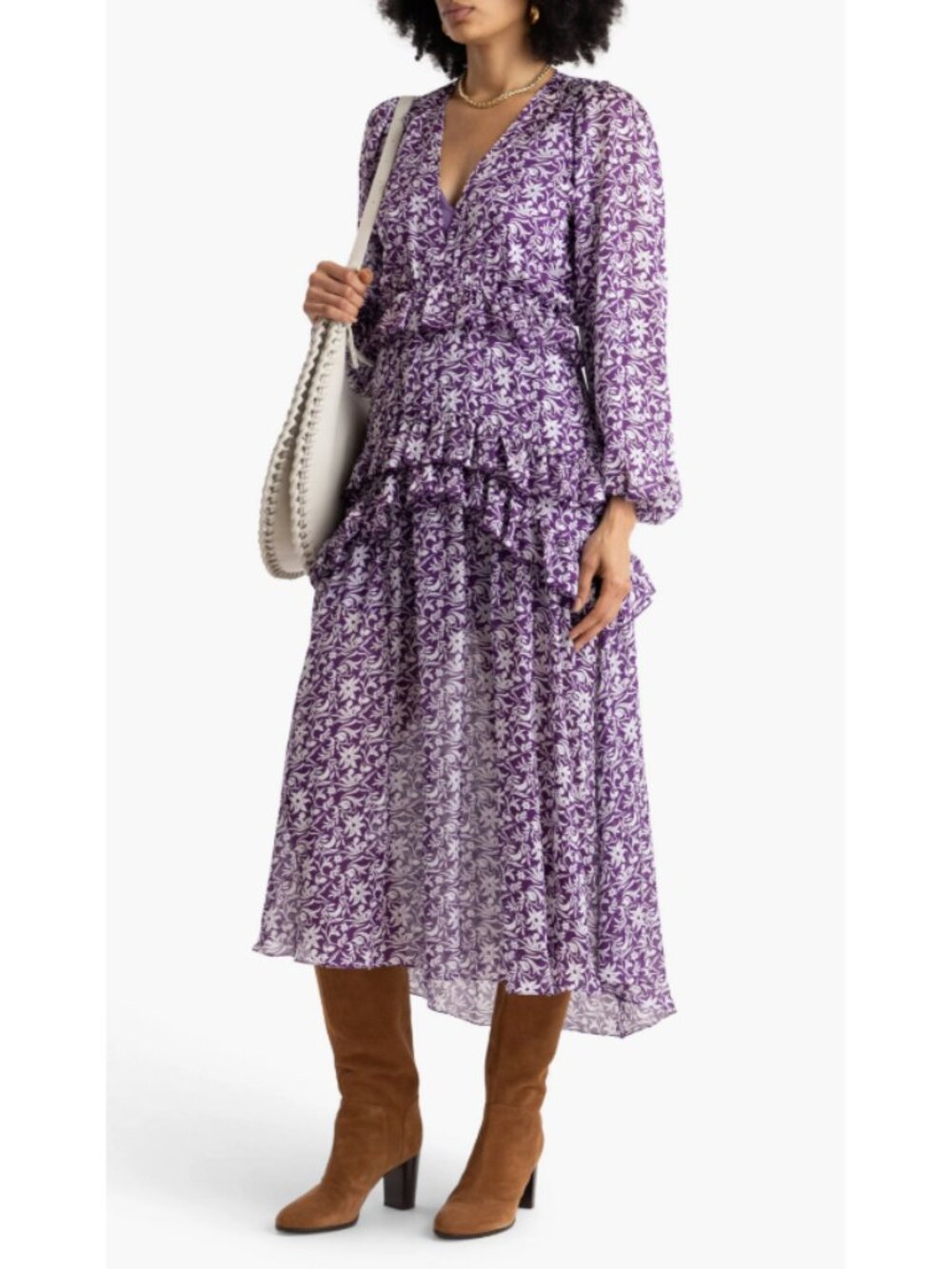 Maje Purple Floral Ronirique Tiered Maxi Dress, Size L | 40